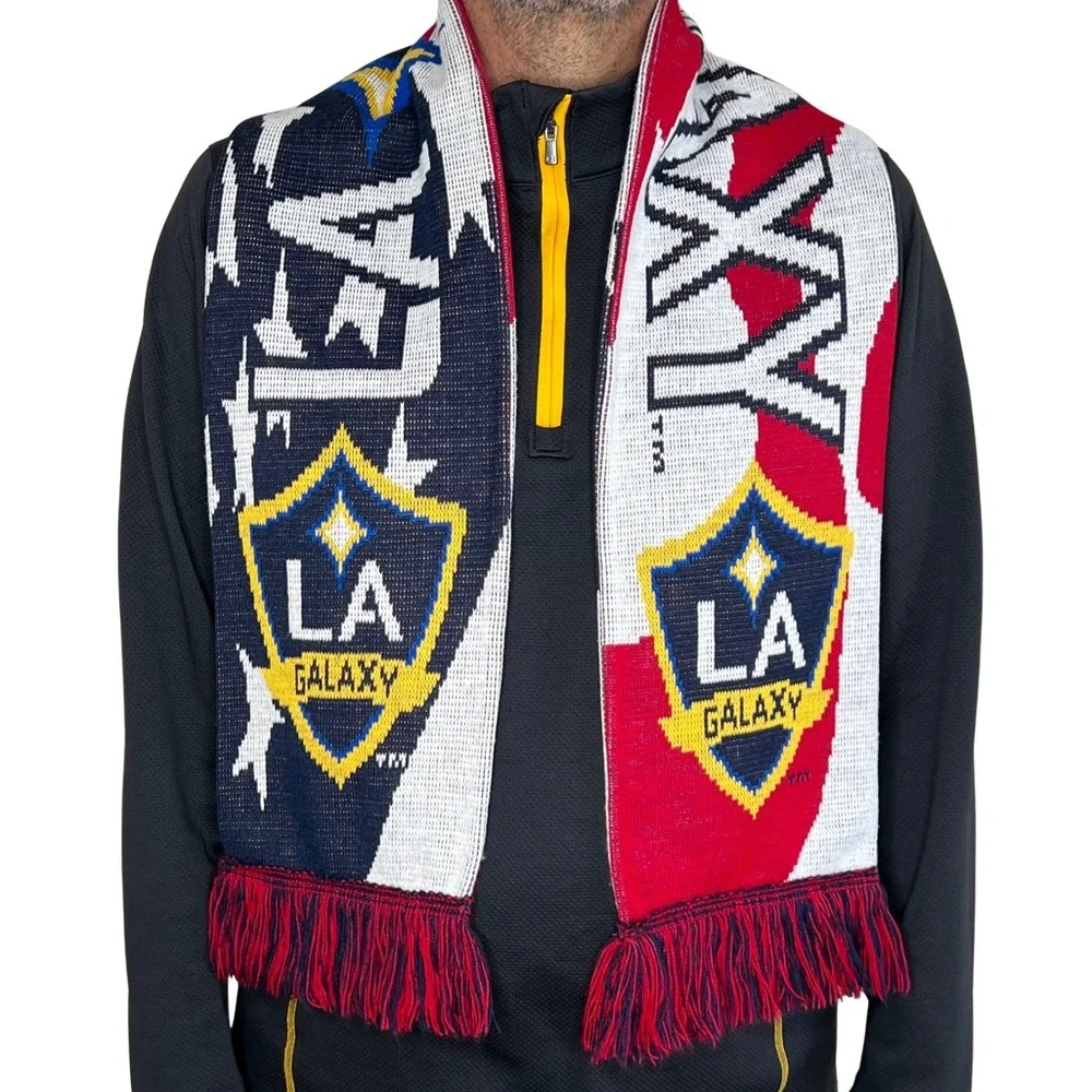 LA Galaxy Crest Scarf Fringe Los Angeles Soccer Team Football Club Red Blue
